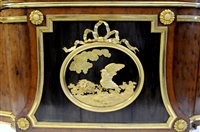 Lot 505 - A French Louis XVI style marble top plum pudding mahogany ebony and ormolu mounted commode