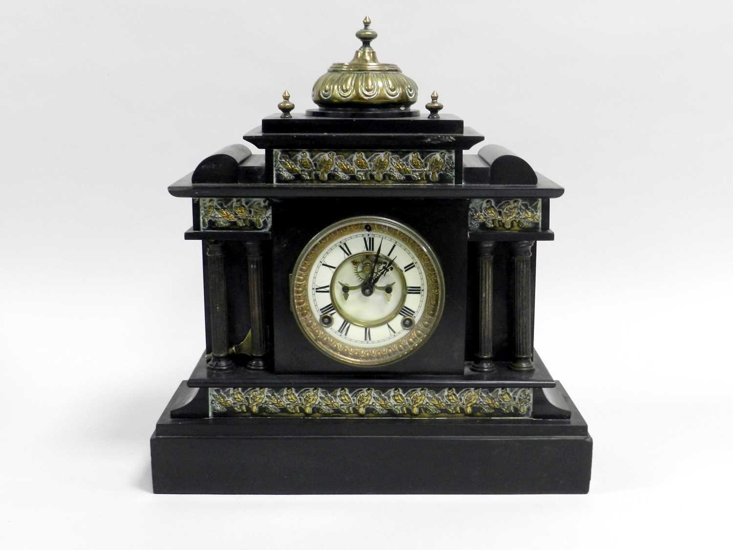 Lot 414 - An Ansonia black slate mantel clock, of...