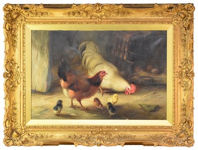 Lot 183 - Edgar Hunt (1876 - 1953) Two Hens and Four Chicks in a Barn