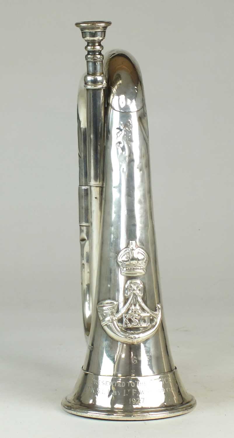 Lot 84 - Hawkes & Son silver bugle presented to the Officers of the 1st KSLI, 1927