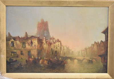 Lot 246 - Continental School, 19th century, a city waterway, oil, 40.5 x 61cm