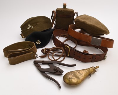 Lot 43 - Militaria including wire cutters, water carrier, Sam Browne, WW2 GS beret