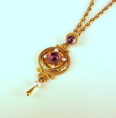 Lot 321 - A late 19th century Etruscan revival almandine garnet and untested pearl pendant on chain