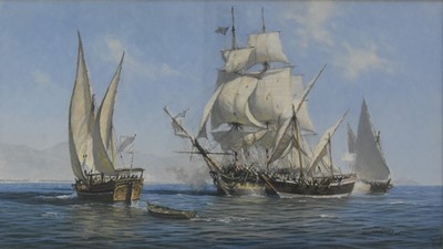 Lot 285 - John Michael Groves (1937-2019) East Indiamen and Pirate Dhows in the Strait of Hormuz