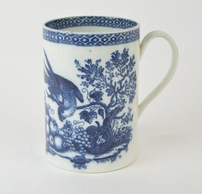 Lot 73 - A Caughley 'Parrot Pecking Fruit' cylindrical tankard, circa 1779-89
