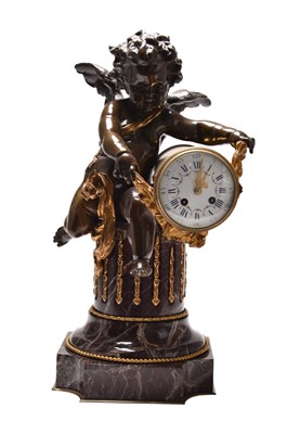 Lot A large and impressive French bronze, marble and ormolu figural mantel clock