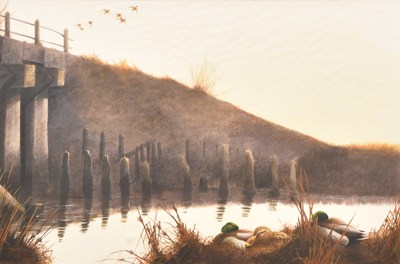 Lot 15 - Terence Lambert (British, b.1951) Mallard, Afon Dyfi, Resting amongst the Grasses and a Couple on the Water (2)