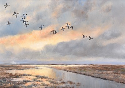 Lot 75 - Alastair Proud (Irish, b.1954) Pintail on the Dee, a Skein in a Cloudy Sky