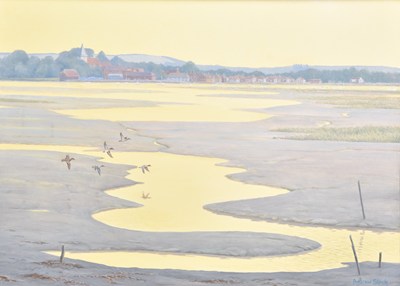 Lot 78 - Andrew Stock (British, b.1960) Teal on Chichester Harbour, flighing over tide pools