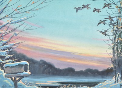 Lot 88 - Peter Partington (1941-2025) Mallard First Flight, at Sunset in a Snowy Landscape