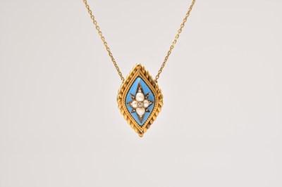 Lot 287 - A late 19th century enamel, pearl and diamond pendant on chain
