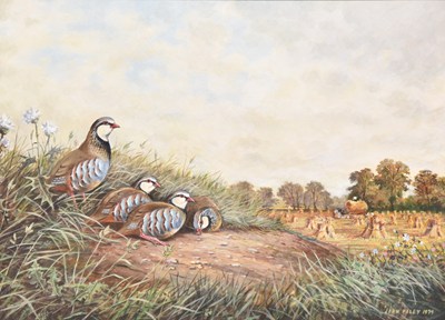 Lot 91 - John Paley (British, 20th century) French Partridges overlooking a Haymaking Scene