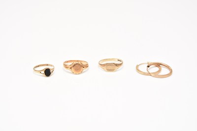Lot 235 - An 18ct gold signet ring, two 9ct gold signet rings and a pair of earrings
