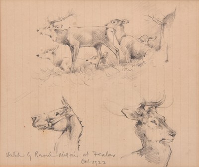Lot 178 - Raoul Millais (1901-1999) Sketch of Stags and Horse with another and a reference book (3)