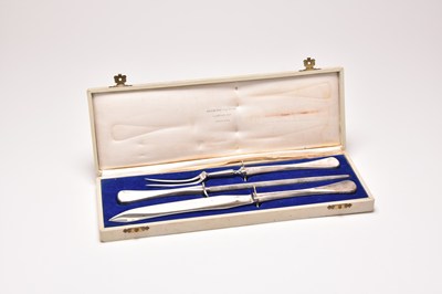 Lot 66 - A cased three piece Danish silver handled carving se