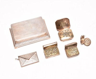 Lot 107 - Four silver vinaigrettes, a silver vesta and a plated 'House of Lords' stamp box