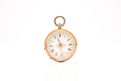 Lot 338 - A lady's 18ct gold open face fob watch with winder