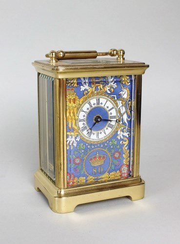 Lot 138 - A Halcyon Days enamels carriage time piece,